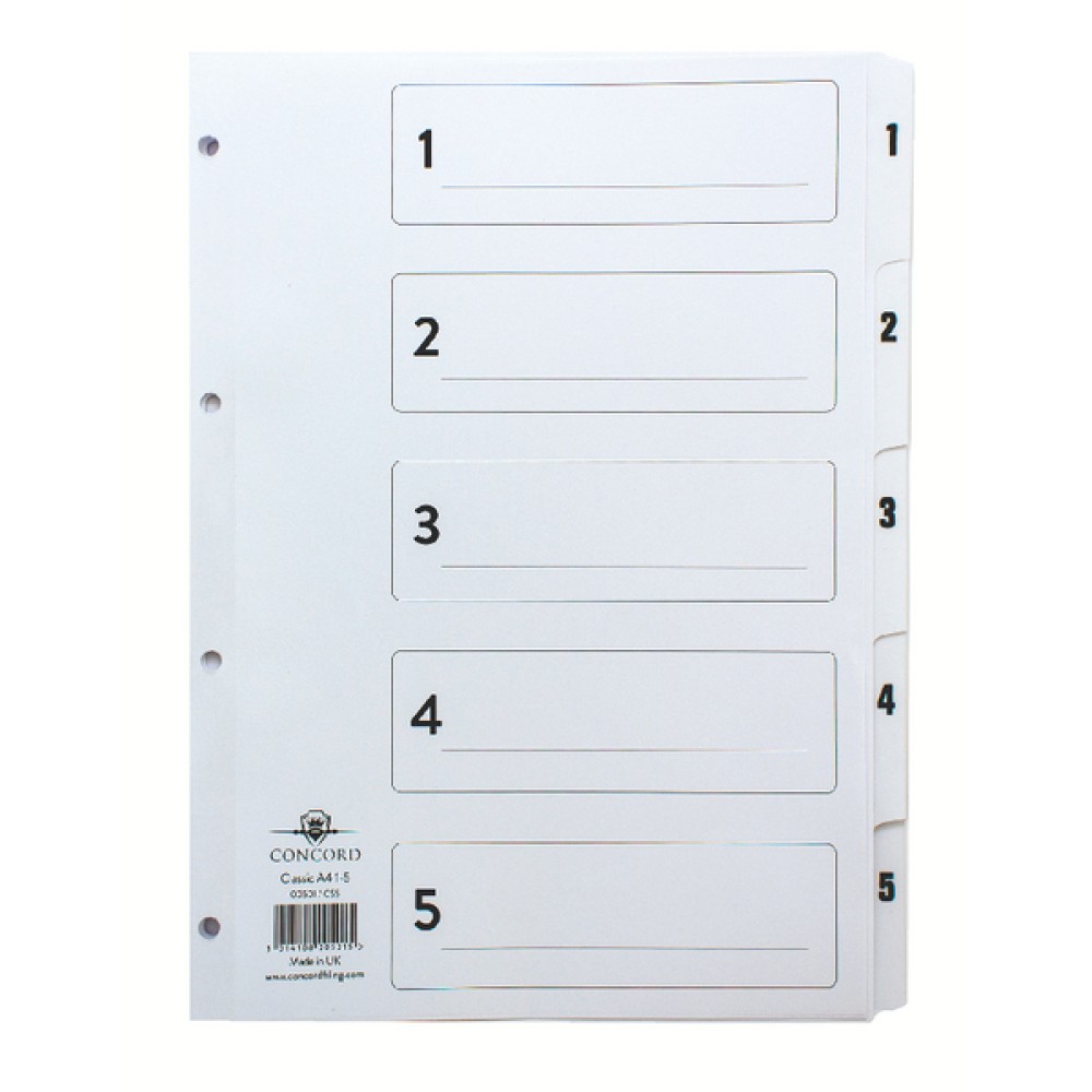Concord Classic Index 1-5 A4 White Board With Clear Mylar Tabs 00501/CS5