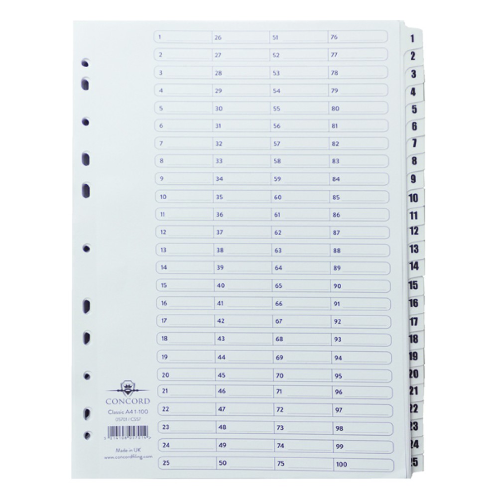 Concord Classic Index 1-100 A4 White Board With Clear Mylar Tabs 05701/Cs57