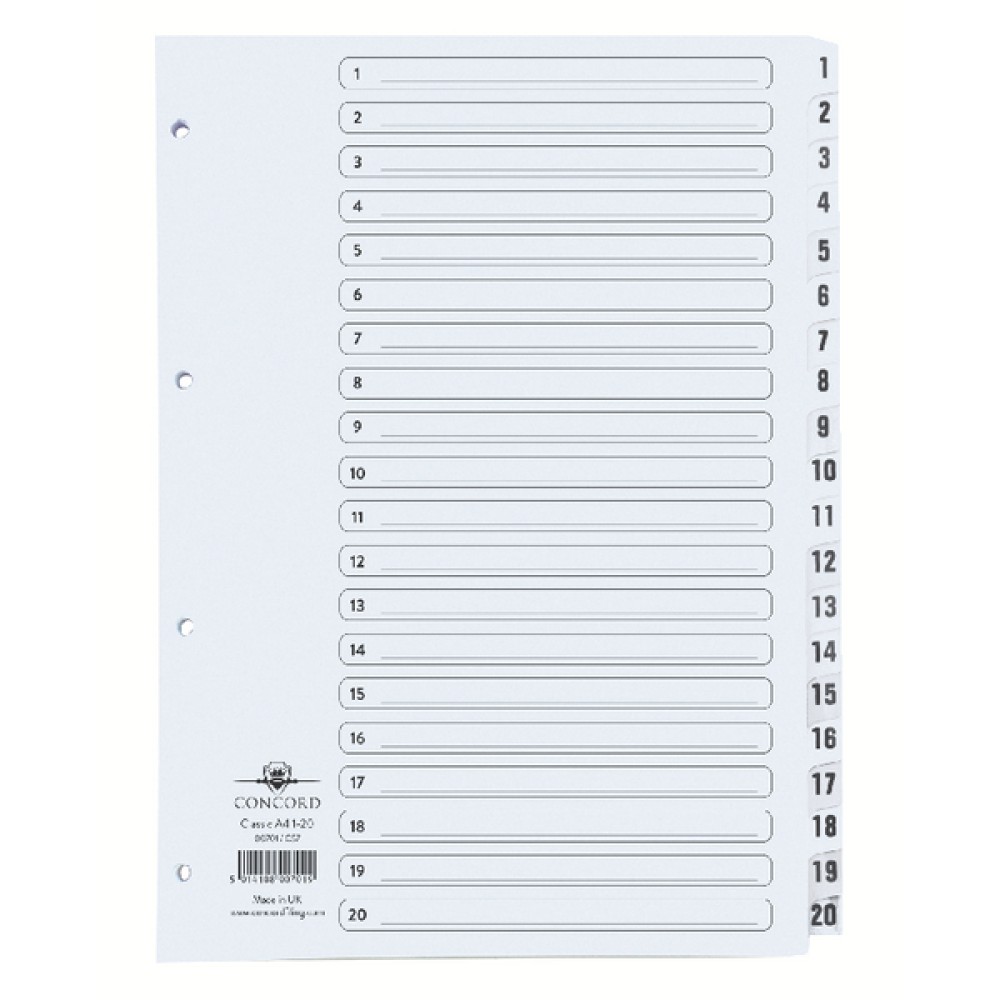 Concord Classic Index 1-20 A4 White Board With Clear Mylar Tabs 00701/CS7