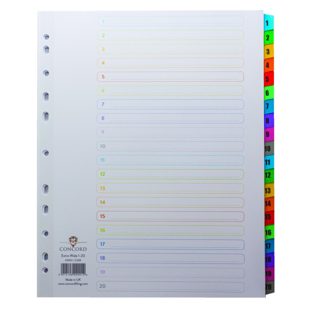 Concord Index 1-20 A4 Extra-Wide White With Multicolour Tabs 09901/CS99