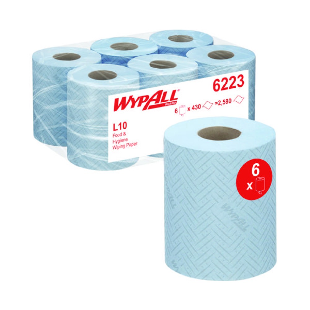 WypAll L10 Food and Hygiene Centrefeed Paper Rolls 1-Ply 6 Rolls/430 Wipes Blue (2580 Pack) 6223