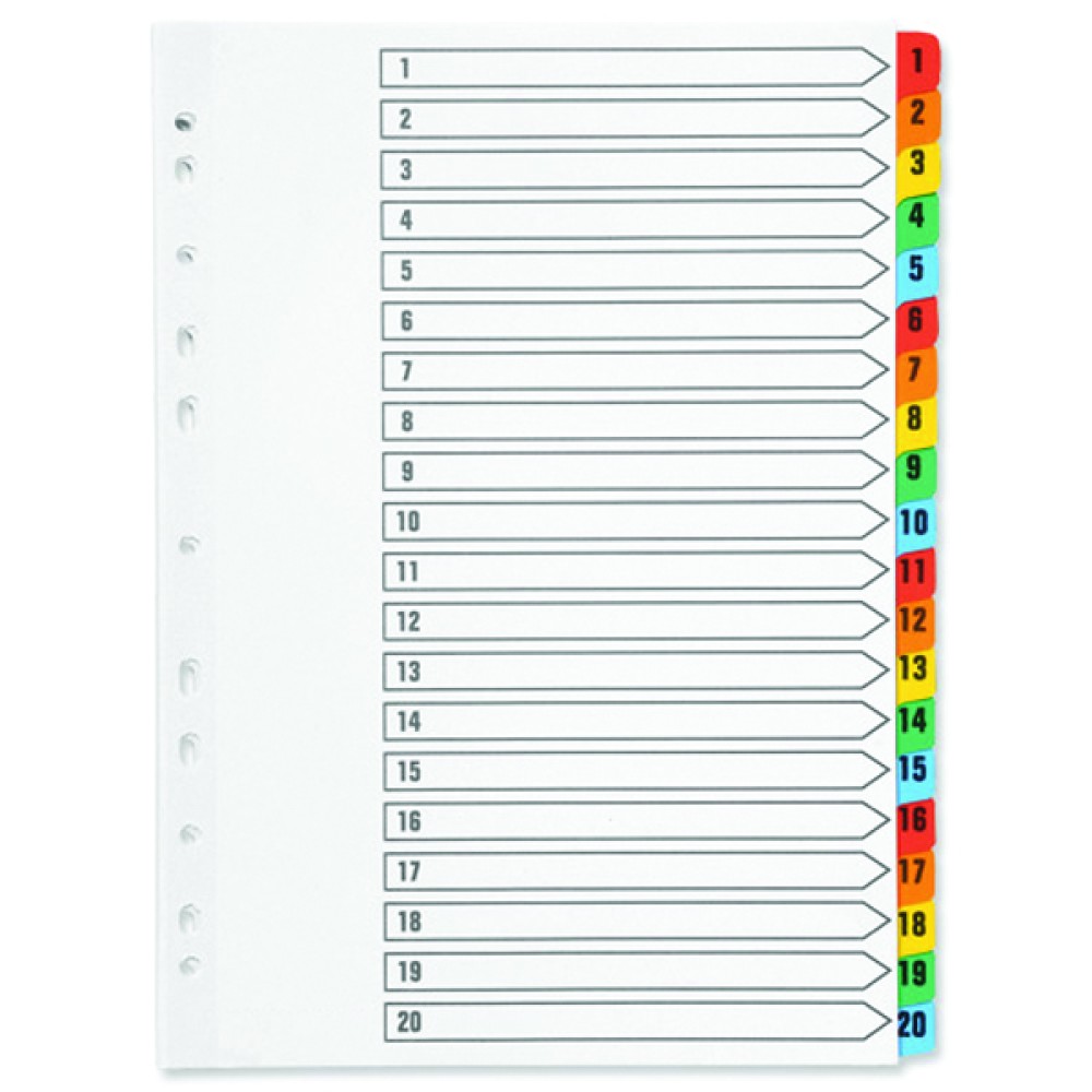 Q-Connect 1-20 Index Multi-punched Reinforced Board Multi-Colour Numbered Tabs A4 White KF01521