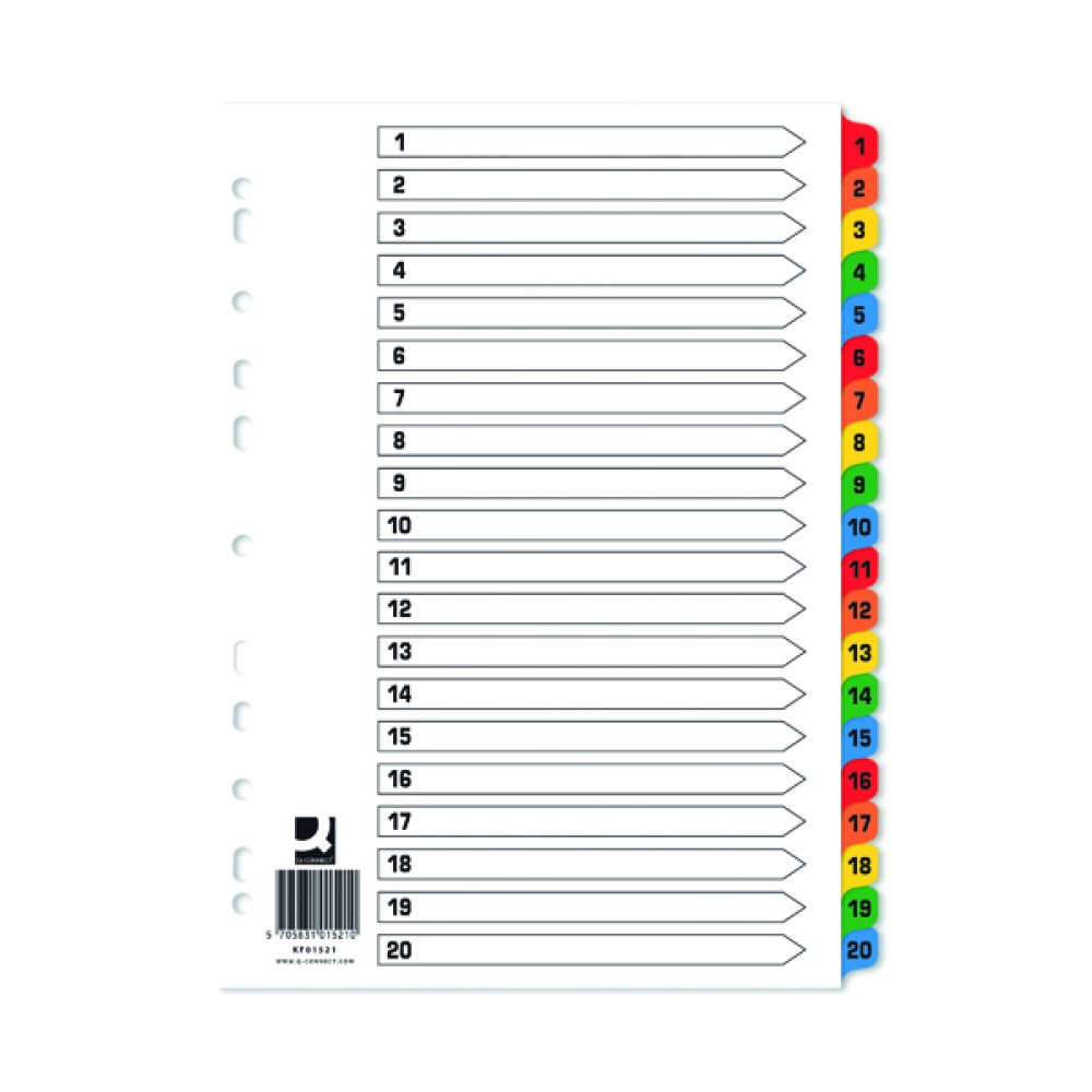 Q-Connect Index 1-20 Board Reinforced Multicoloured (10 Pack) KF01521Q