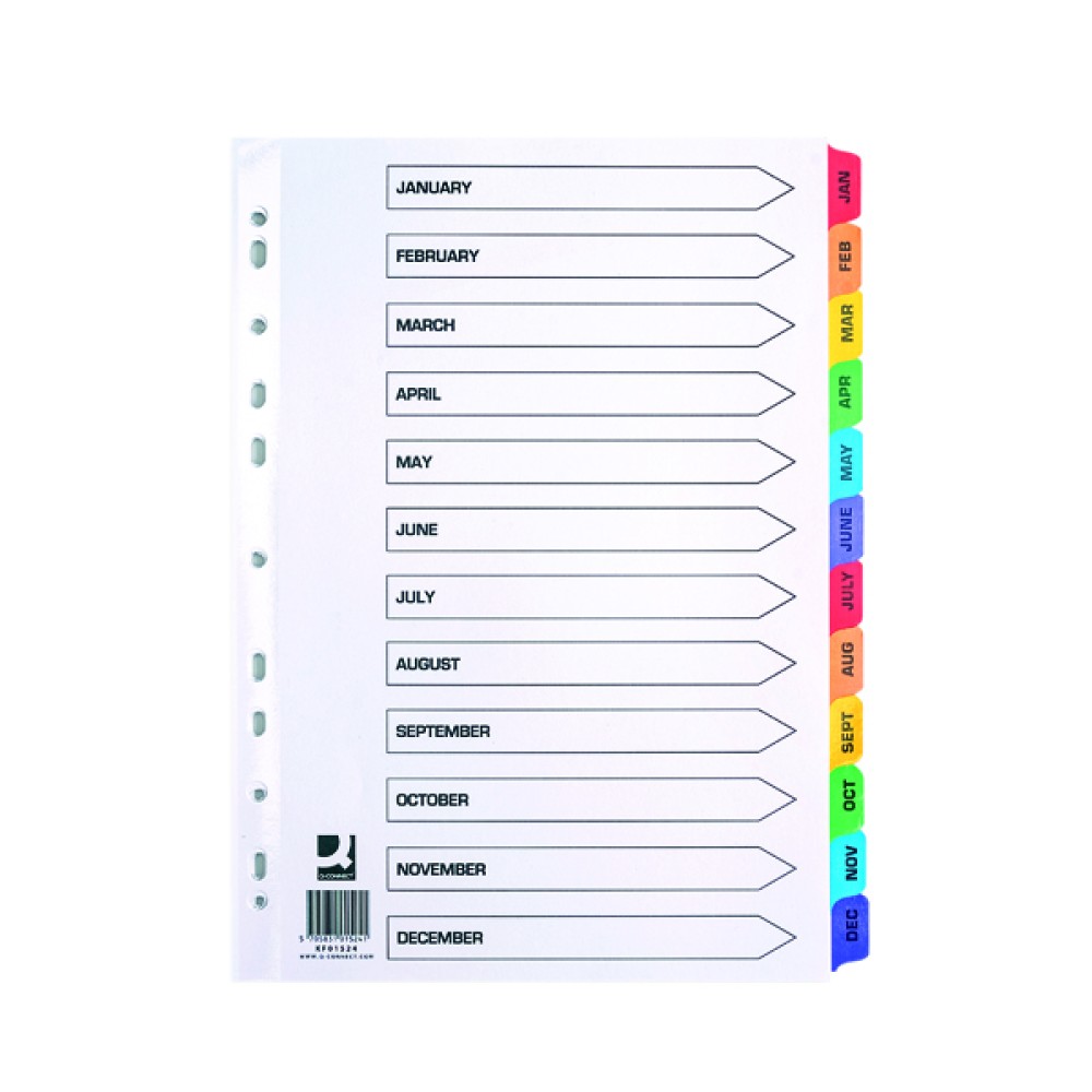 Q-Connect A4 Multi-Punched January-December Multi Index Tabs KF01524
