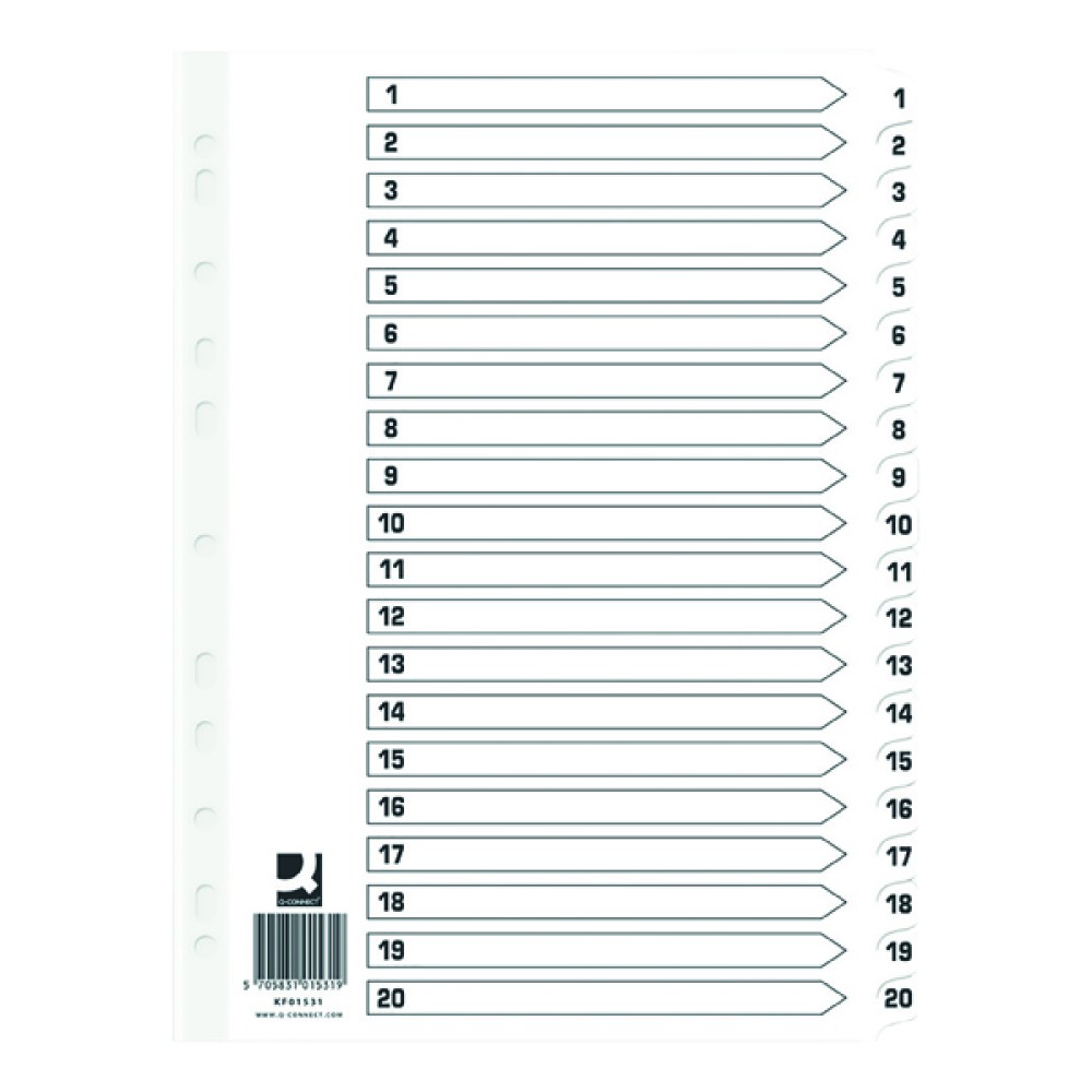 Q Connect Index 1-20 Board Reinforced White (10 Pack) KF01531Q