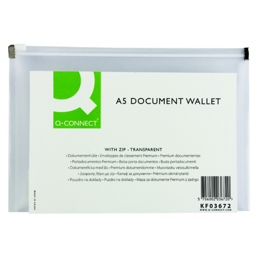 Q-Connect Document Zip Wallet A5 Transparent (10 Pack) KF03672