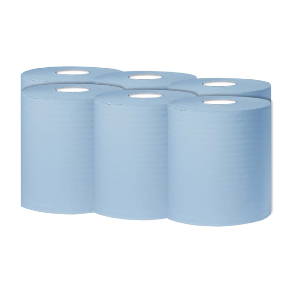 2Work 1-Ply Centrefeed Roll 300m Blue (6 Pack) KF03803