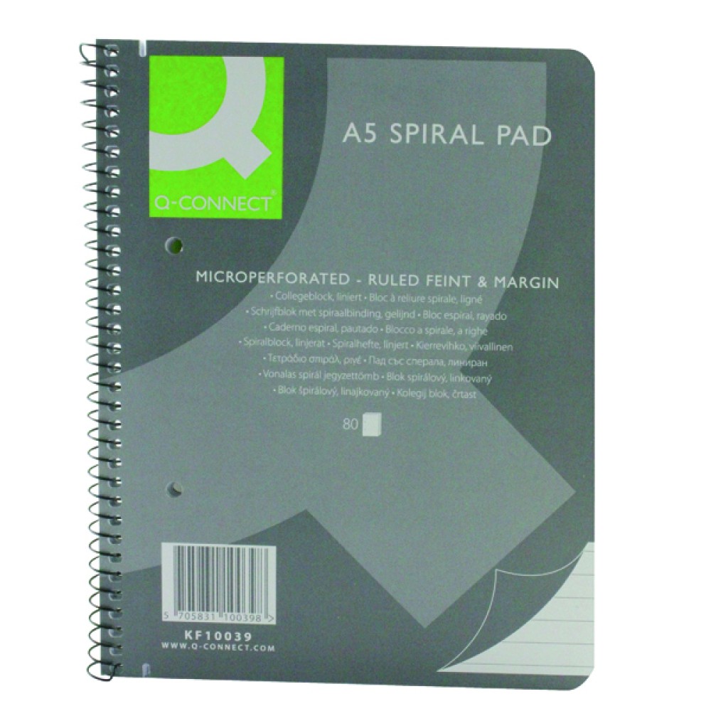 Q-Connect Ruled Margin Spiral Soft Cover Notebook 160 Pages A5 (5 Pack) KF10039