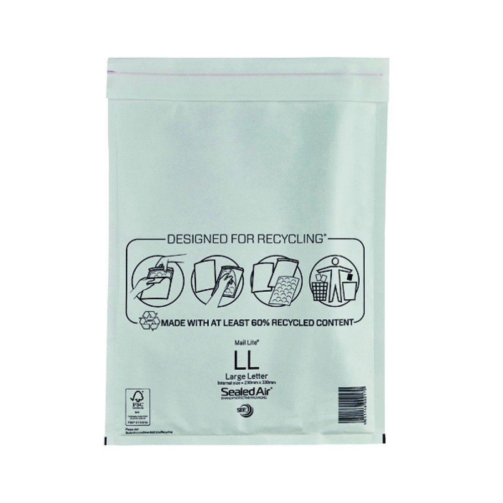 Mail Lite Bubble Lined Postal Bag Size LL 230x330mm White (50 Pack) MAIL LITE LL