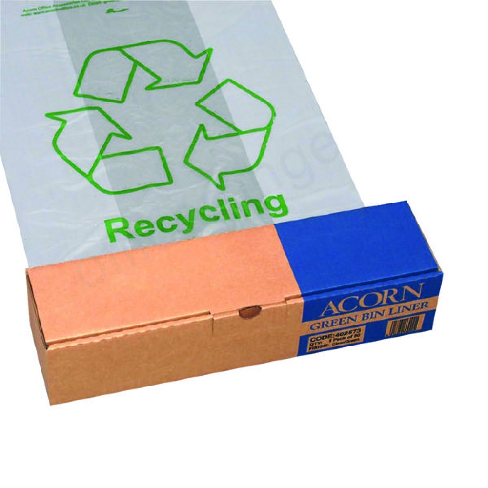 Acorn Bin Printed Recycling Bin Liner Clear Green (50 Pack) 402573