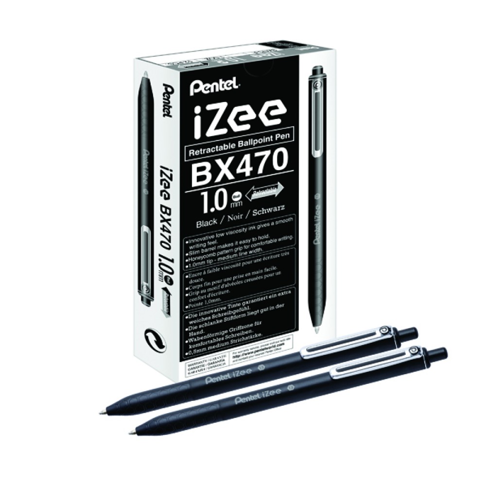 Pentel iZee Retractable Ballpoint Pen 1.0mm Black (12 Pack) BX470-A