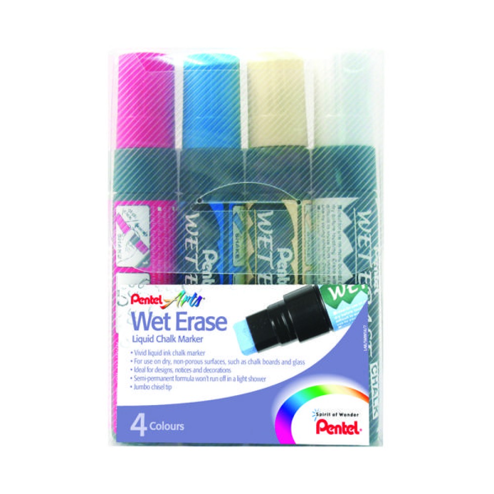 Pentel Liquid Chalk Marker Chisel Tip Jumbo Assorted (4 Pack) SMW56/4-BCGW