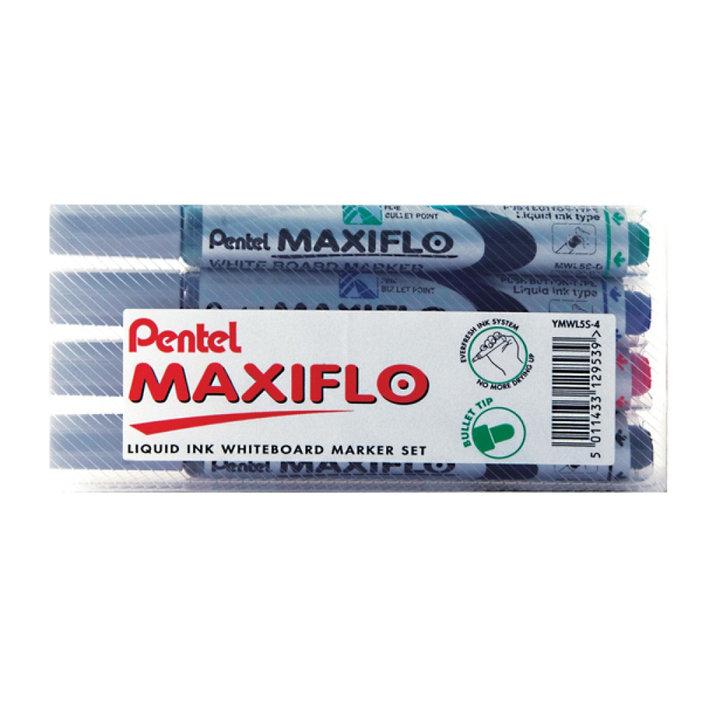 Pentel Maxiflo Whiteboard Marker Fine Assorted (4 Pack) YMWL5S-4