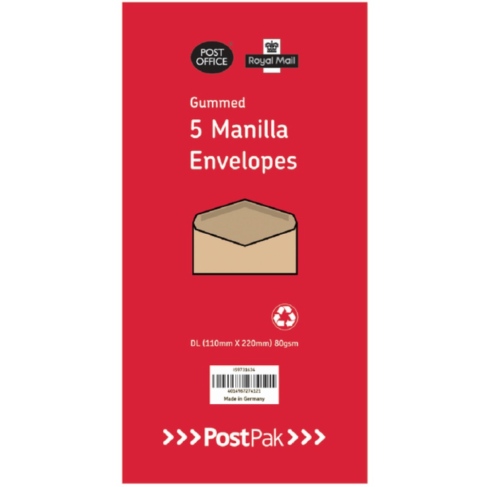 Envelopes DL Gummed Manilla 70gsm (250 Pack) POF27432