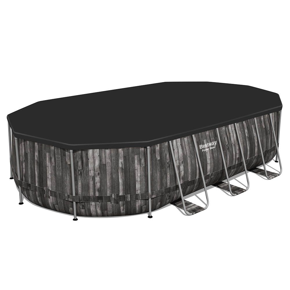 Bestway 20ft Power Steel Wood Panel Print Oval Pool Set