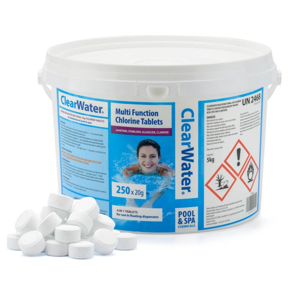 Clearwater 5kg Chlorine Swimming Pool Spa Mini 4 in 1 Multi Tablets 20g x250