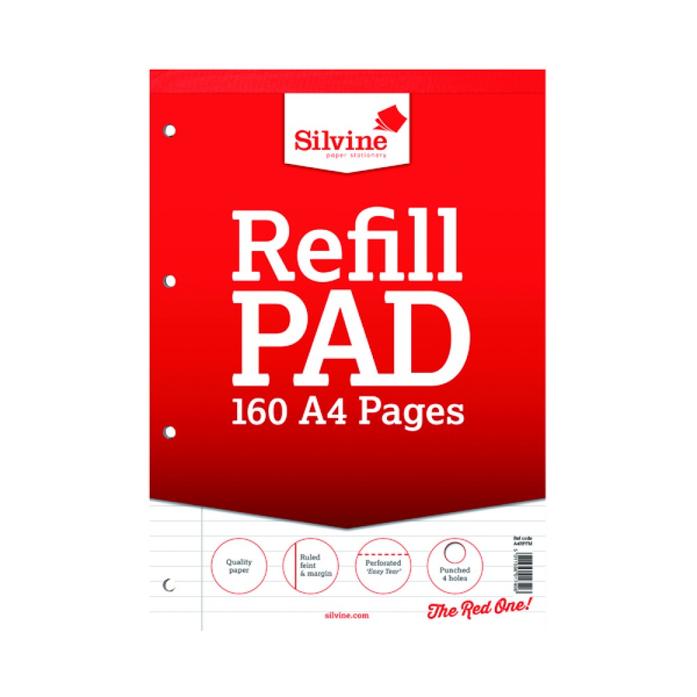 Silvine Ruled Margin Punched Headbound Refill Pad 160 Pages A4 Pad (6 Pack) A4RPFM
