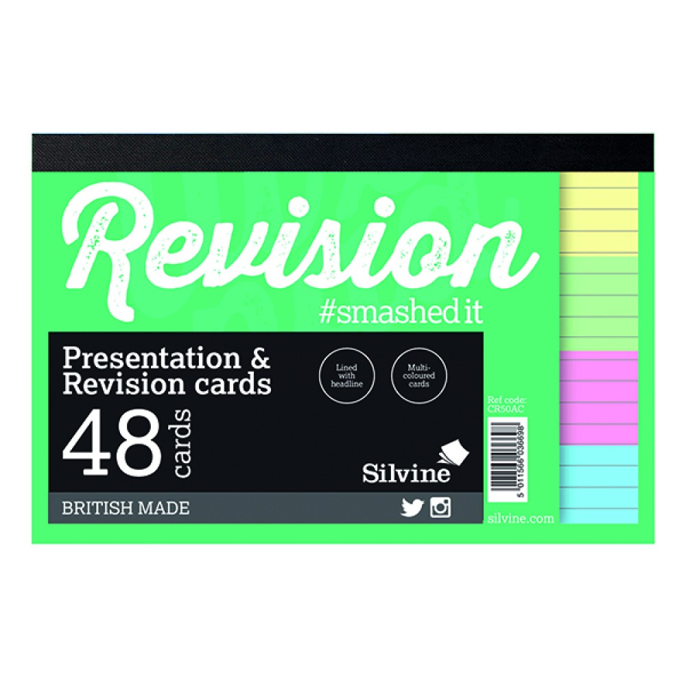 Silvine 48 Revision Notecard Pad Lined Multi-Coloured (Pack of 20) CR50AC