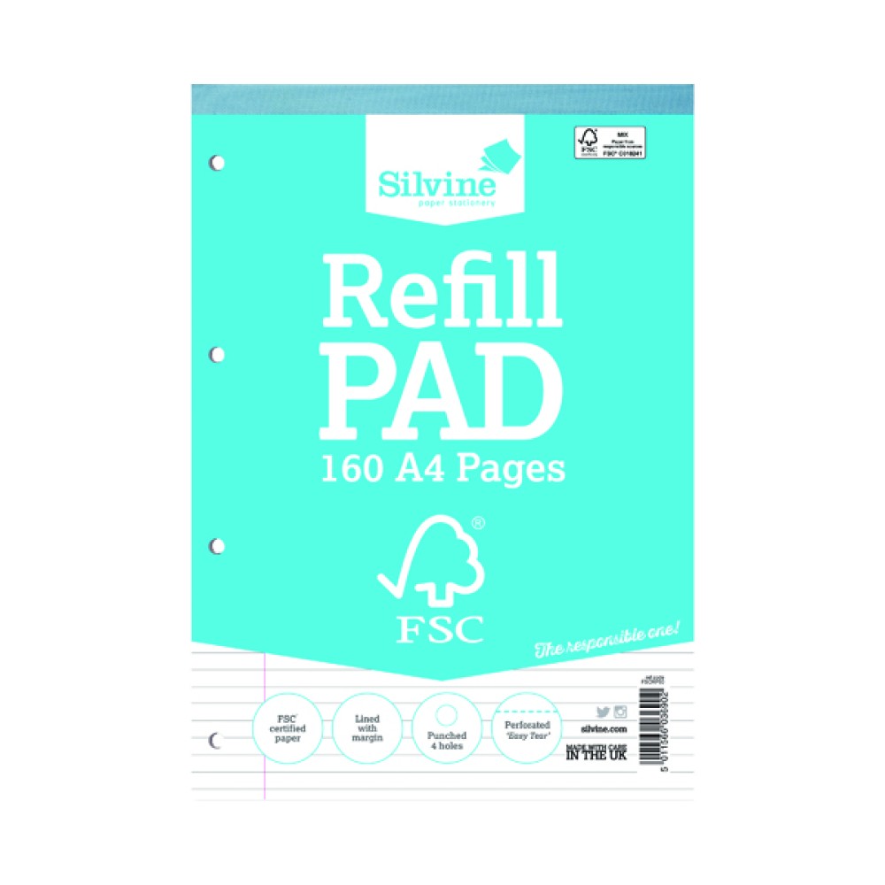 Silvine Envrionmentally Friendly Ruled Refill Pad 160 Pages A4 (5 Pack) FSCRP80