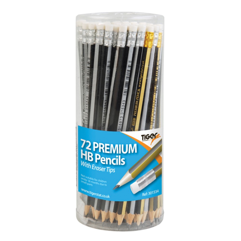 Tiger Assorted HB Eraser Pencils Pot (72 Pack) 301534