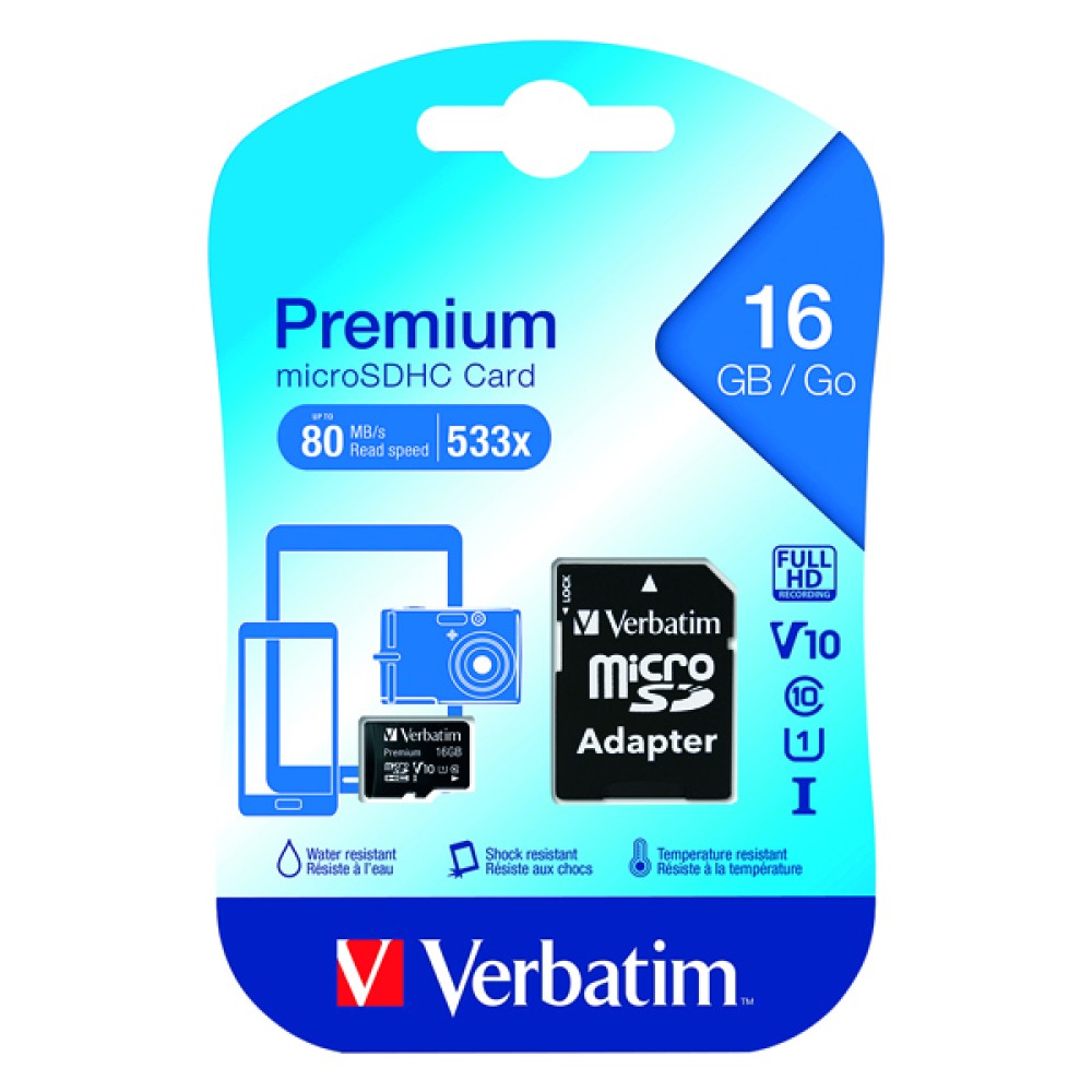 Verbatim MicroSDHC Memory Card Class 10 16GB With Adaptor 44082