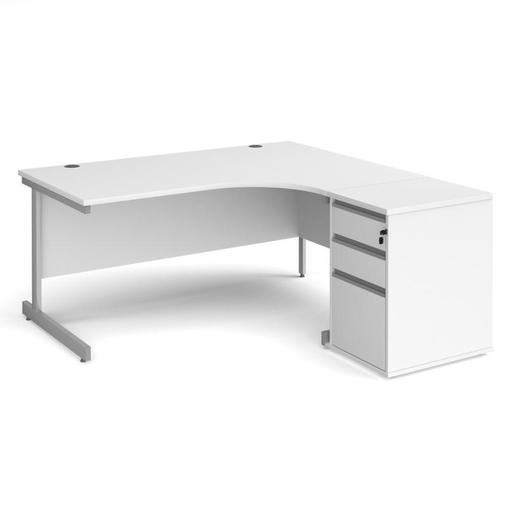 Contract 25 1600mm RH ergonomic desk with silver cantilever leg and 600mm 3 drawer desk high pedestal - white