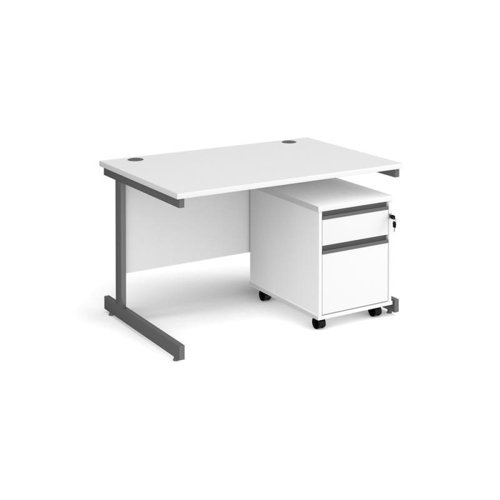 Contract 25 1200mm straight desk with graphite cantilever leg and 2 drawer mobile pedestal - white