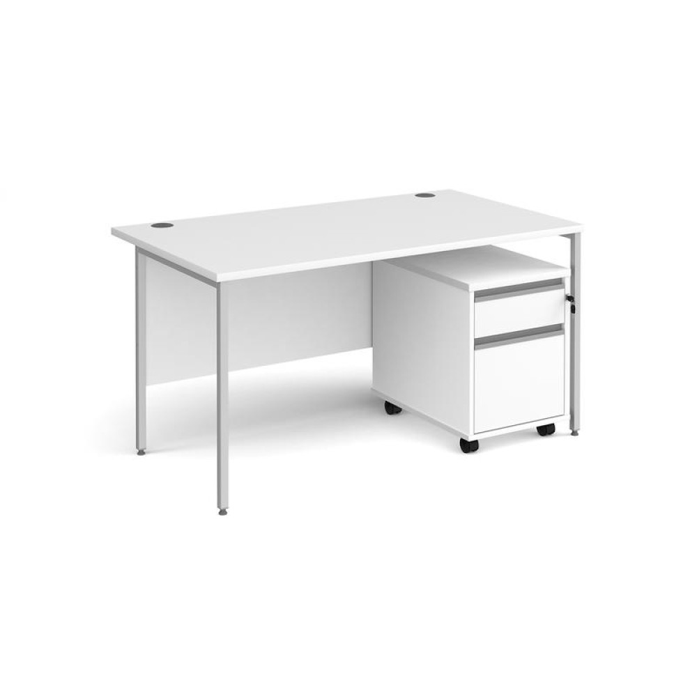 Contract 25 1400mm straight desk with silver H-frame leg and 2 drawer mobile pedestal - white