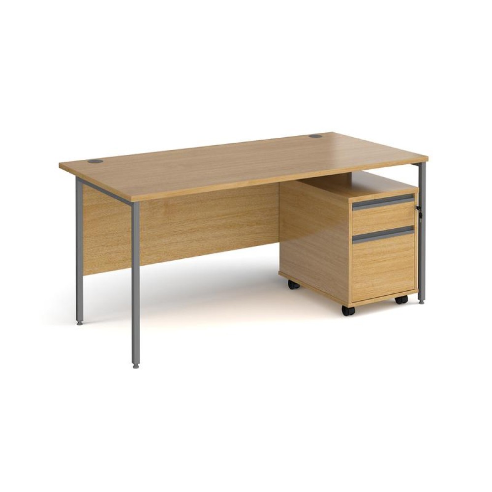 Contract 25 1600mm straight desk with graphite H-frame leg and 2 drawer mobile pedestal - oak