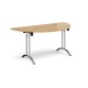 Semi circular folding leg table with chrome legs and curved foot rails 1600mm x 800mm - oak