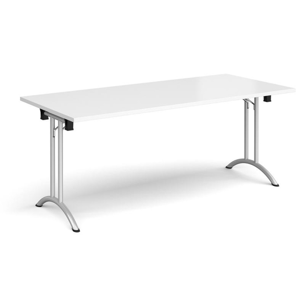 Rectangular folding leg table with silver legs and curved foot rails 1800mm x 800mm - white