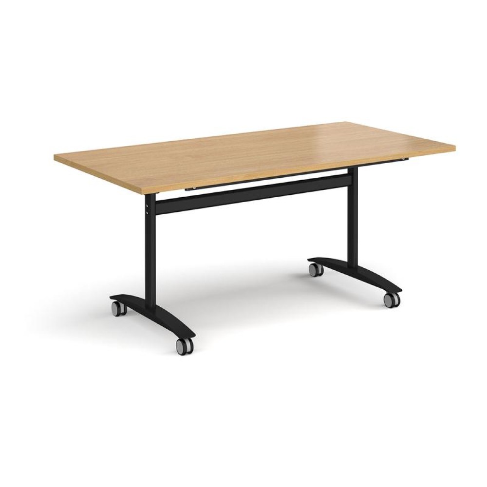 Rectangular deluxe fliptop meeting table with black frame 1600mm x 800mm - oak