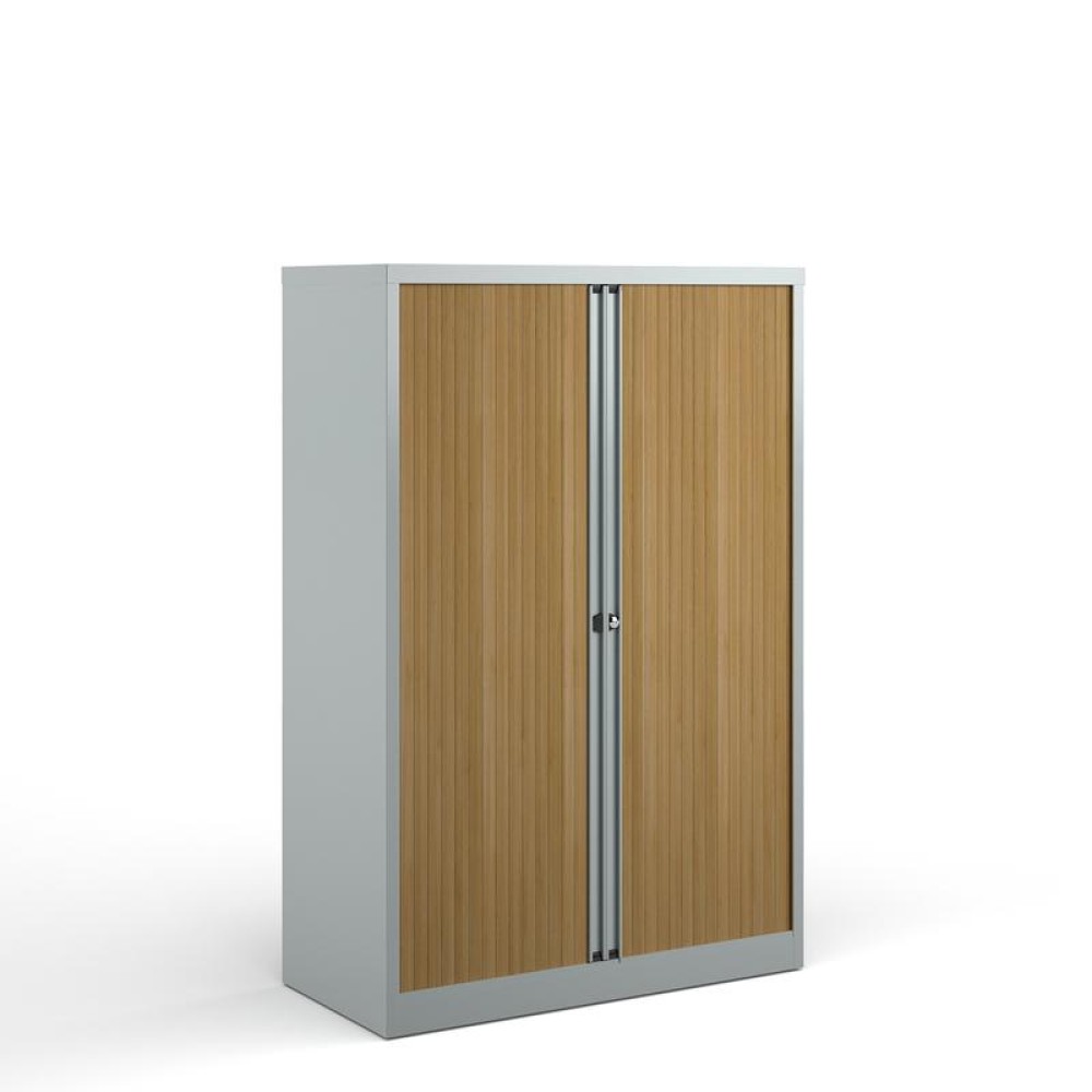 Bisley systems storage medium tambour cupboard 1570mm high - silver with beech doors