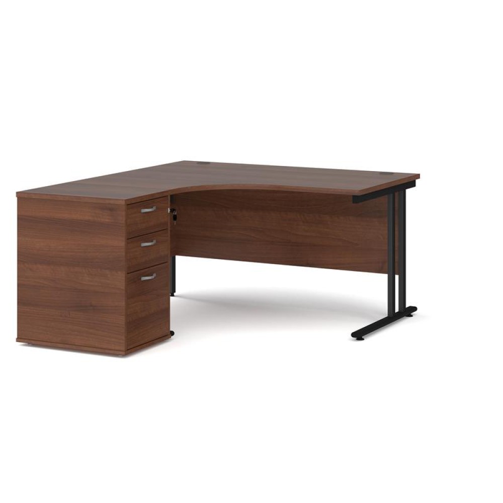 Maestro 25 left hand ergonomic desk 1400mm with black cantilever frame and desk high pedestal - walnut