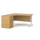 Maestro 25 left hand ergonomic desk 1400mm with white cantilever frame and desk high pedestal - oak