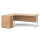 Maestro 25 left hand ergonomic desk 1800mm with white cantilever frame and desk high pedestal - beech