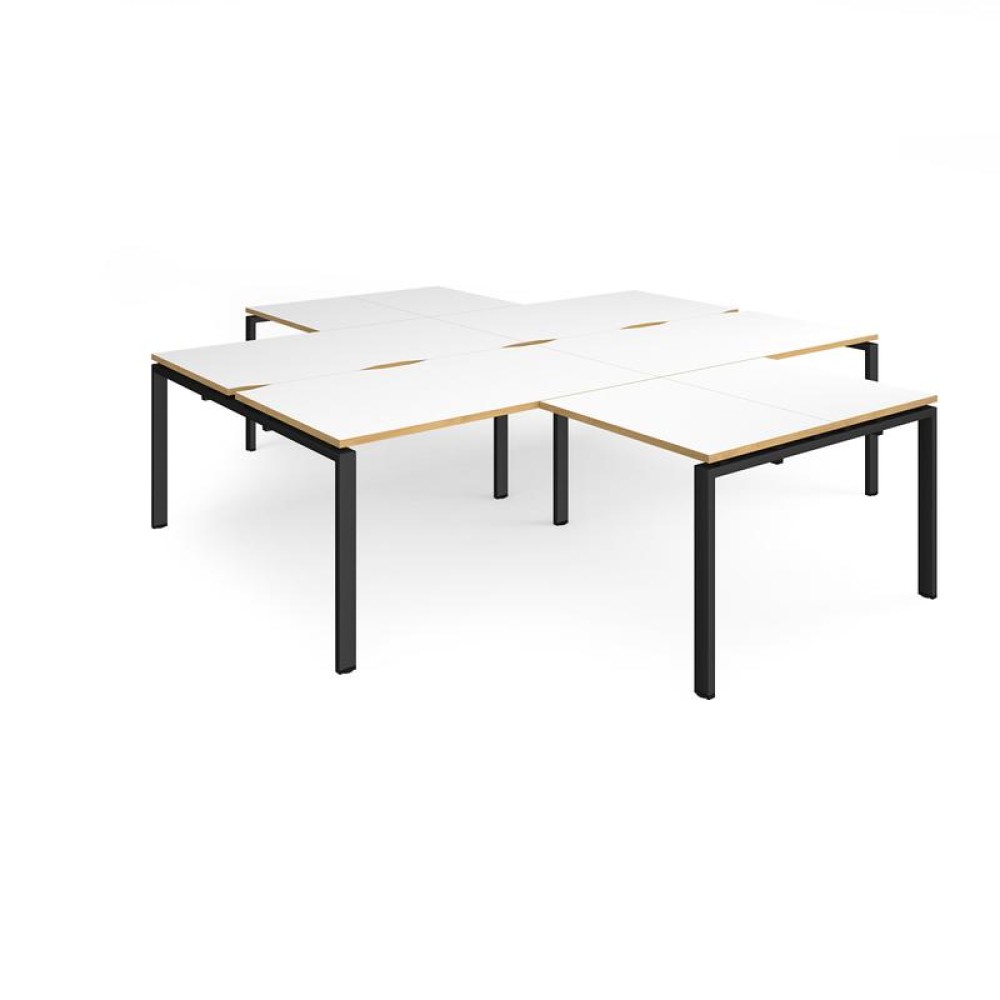 Adapt back to back 4 desk cluster 2800mm x 1600mm with 800mm return desks - black frame, white top with oak edge