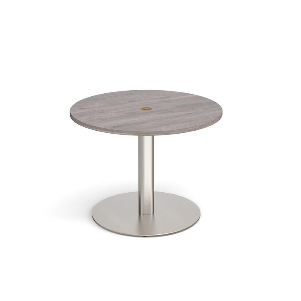 Eternal circular meeting table 1000mm with central circular cutout 80mm - brushed steel base, grey oak top