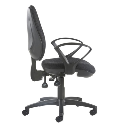 Finish: MTO, Arms: Fixed Loop Arms, Base Type: Black 5 Star, Seat Option: N/A, Back Style: Fabric, Lumbar Support: N/A