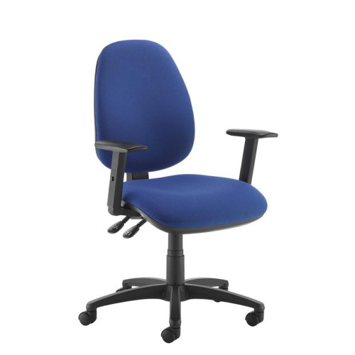 Finish: Blue, Arms: Height Adjustable Arms, Base Type: Black 5 Star, Back Style: Fabric