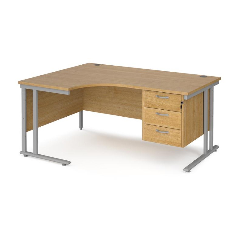 Maestro 25 left hand ergonomic desk 1600mm wide with 3 drawer pedestal - silver cantilever leg frame, oak top