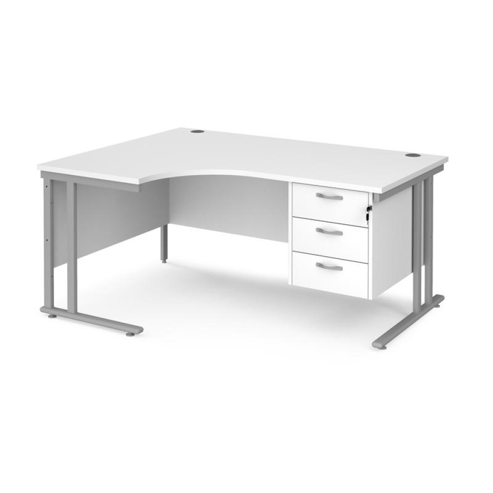 Maestro 25 left hand ergonomic desk 1600mm wide with 3 drawer pedestal - silver cantilever leg frame, white top