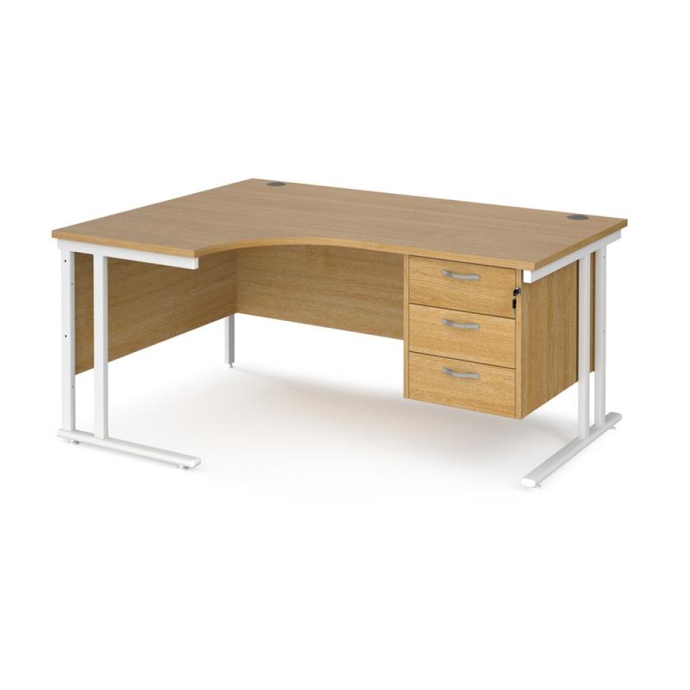 Maestro 25 left hand ergonomic desk 1600mm wide with 3 drawer pedestal - white cantilever leg frame, oak top