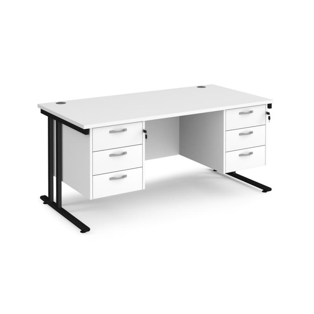 Maestro 25 straight desk 1600mm x 800mm with two x 3 drawer pedestals - black cantilever leg frame, white top