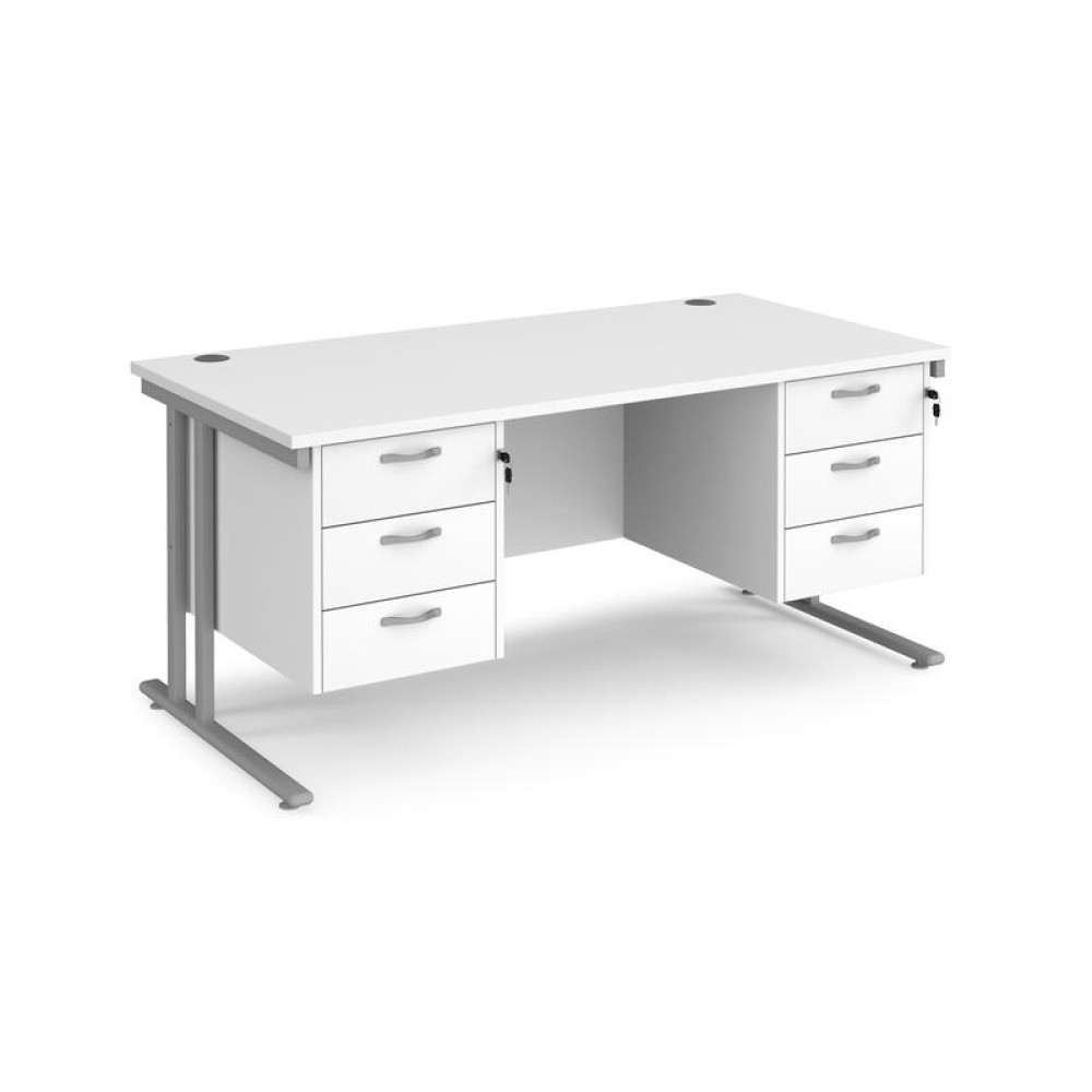 Maestro 25 straight desk 1600mm x 800mm with two x 3 drawer pedestals - silver cantilever leg frame, white top