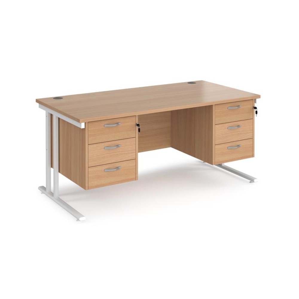 Maestro 25 straight desk 1600mm x 800mm with two x 3 drawer pedestals - white cantilever leg frame, beech top