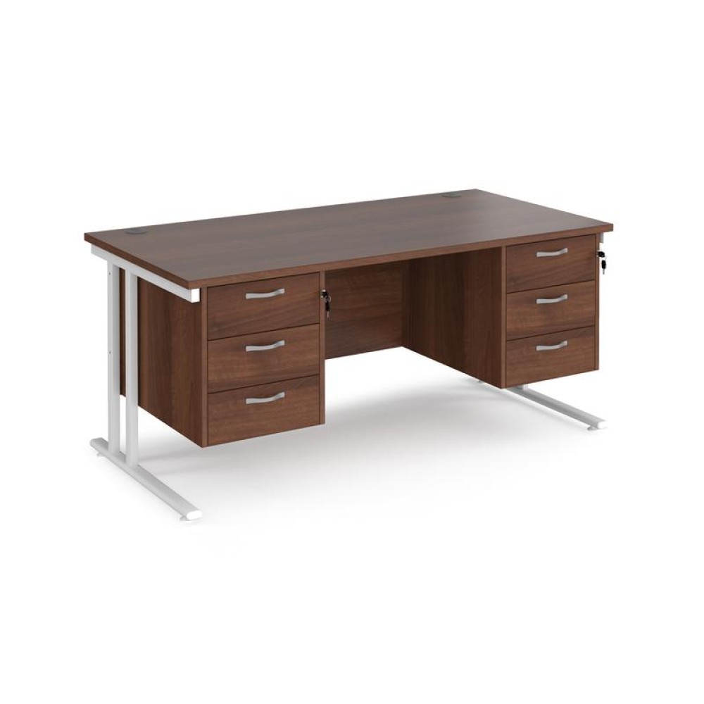 Maestro 25 straight desk 1600mm x 800mm with two x 3 drawer pedestals - white cantilever leg frame, walnut top