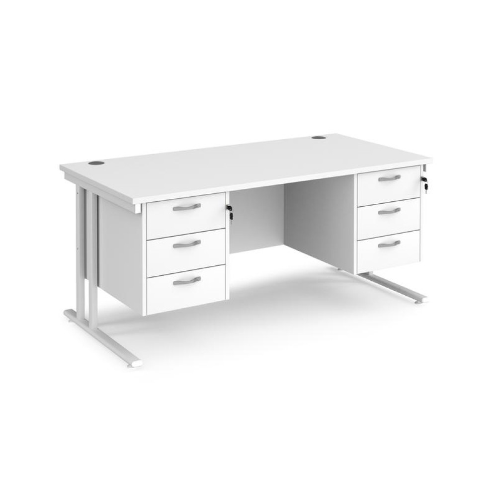 Maestro 25 straight desk 1600mm x 800mm with two x 3 drawer pedestals - white cantilever leg frame, white top