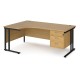 Maestro 25 left hand ergonomic desk 1800mm wide with 3 drawer pedestal - black cantilever leg frame, oak top