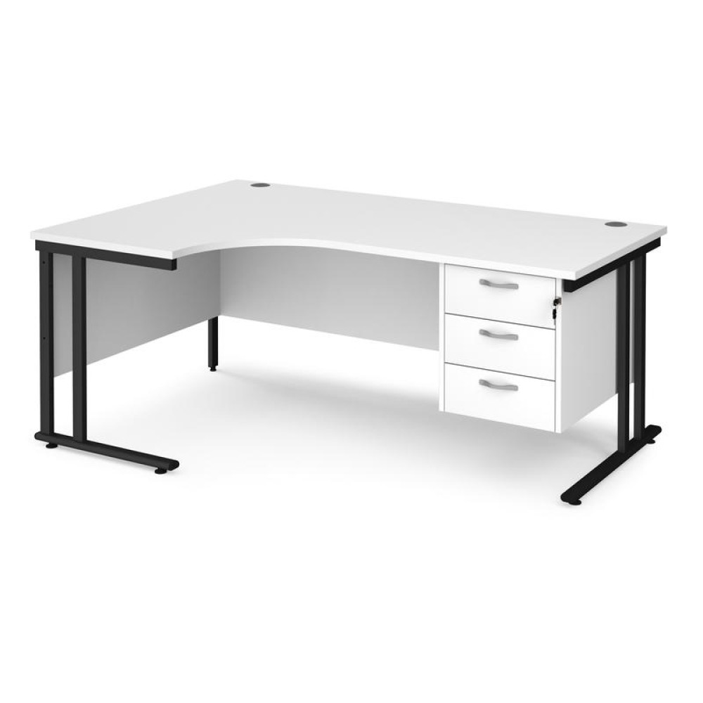 Maestro 25 left hand ergonomic desk 1800mm wide with 3 drawer pedestal - black cantilever leg frame, white top